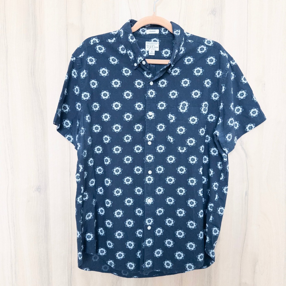 J.Crew Mens Short Sleeve Button Down Shirt Size L Blue Floral Classic Preppy